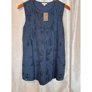 NWT J.Jill Navy Blue Sleeveless Embroidered Lace Overlay Sheath Top Women's M‎